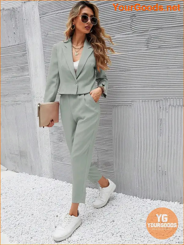 YOURGOODS Frenchy Women Deep Green Short Blazer Jacket And Front Pleated Pocketed Suit Pants Set - YourGoods Online Shop