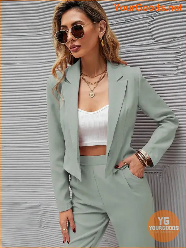 YOURGOODS Frenchy Women Deep Green Short Blazer Jacket And Front Pleated Pocketed Suit Pants Set - YourGoods Online Shop