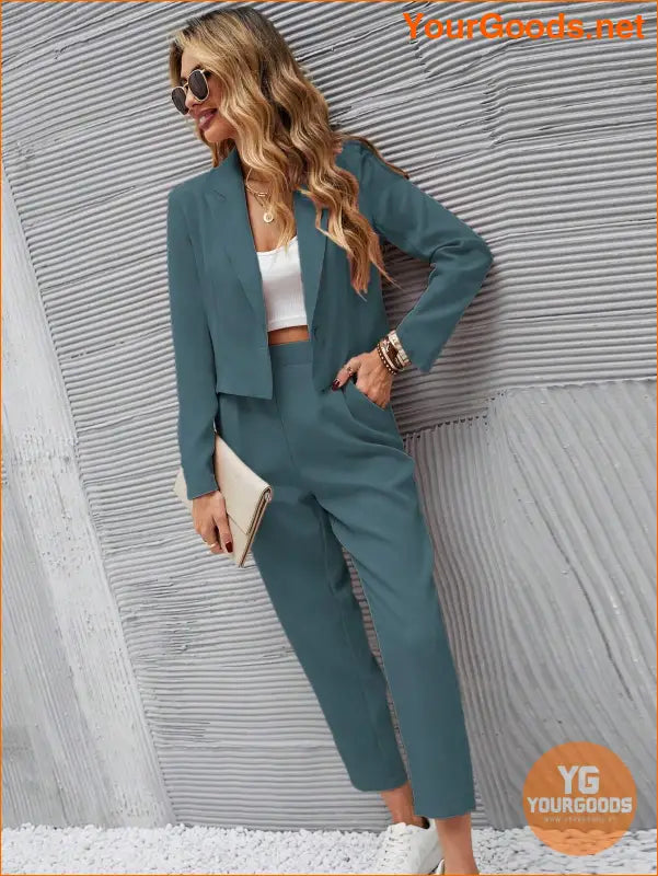 YOURGOODS Frenchy Women Deep Green Short Blazer Jacket And Front Pleated Pocketed Suit Pants Set - YourGoods Online Shop