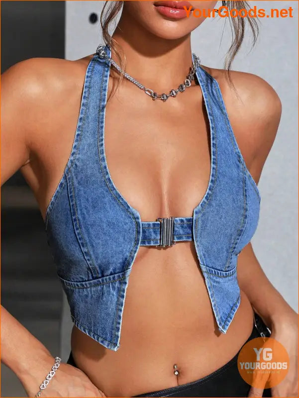 YOURGOODS Halter Neck Backless Denim Crop Top - YourGoods Online Shop