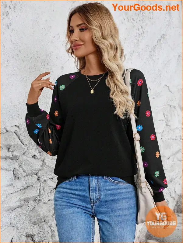 YOURGOODS Heart Print Raglan Sleeve Sweatshirt Black Top - YourGoods Online Shop