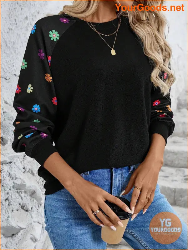 YOURGOODS Heart Print Raglan Sleeve Sweatshirt Black Top - YourGoods Online Shop