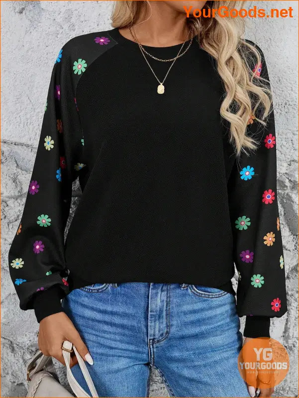 YOURGOODS Heart Print Raglan Sleeve Sweatshirt Black Top - YourGoods Online Shop