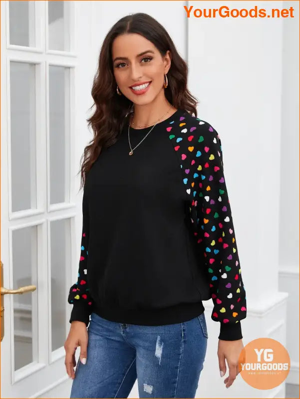 YOURGOODS Heart Print Raglan Sleeve Sweatshirt Black Top - YourGoods Online Shop