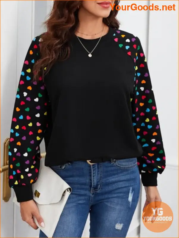 YOURGOODS Heart Print Raglan Sleeve Sweatshirt Black Top - YourGoods Online Shop