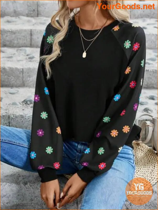 YOURGOODS Heart Print Raglan Sleeve Sweatshirt Black Top - YourGoods Online Shop