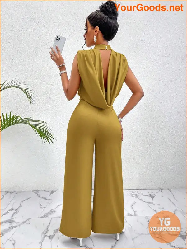 YOURGOODS Lady Women's Fashionable Summer Halter Neck Open Back Solid Color Wide Leg Jumpsuit - YourGoods Online Shop