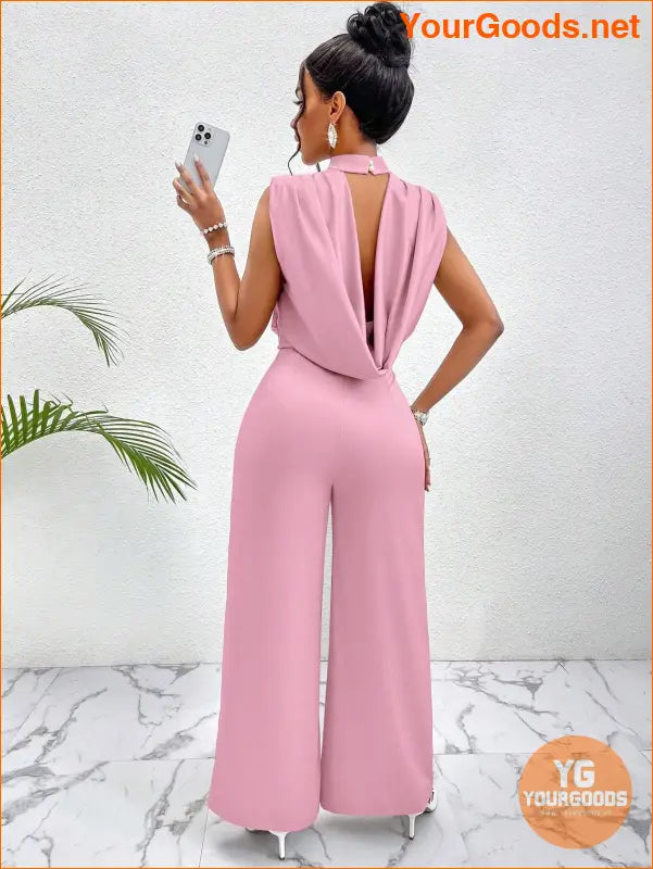 YOURGOODS Lady Women's Fashionable Summer Halter Neck Open Back Solid Color Wide Leg Jumpsuit - YourGoods Online Shop