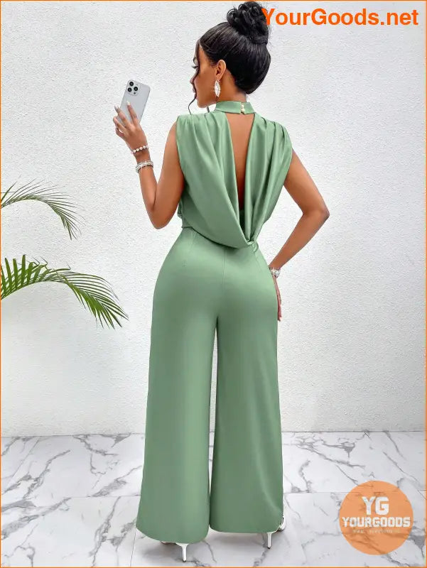 YOURGOODS Lady Women's Fashionable Summer Halter Neck Open Back Solid Color Wide Leg Jumpsuit - YourGoods Online Shop