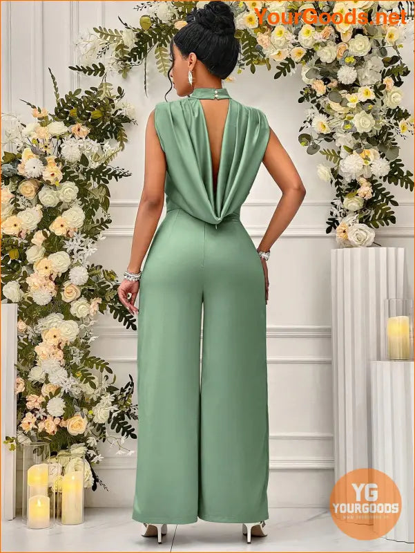 YOURGOODS Lady Women's Fashionable Summer Halter Neck Open Back Solid Color Wide Leg Jumpsuit - YourGoods Online Shop