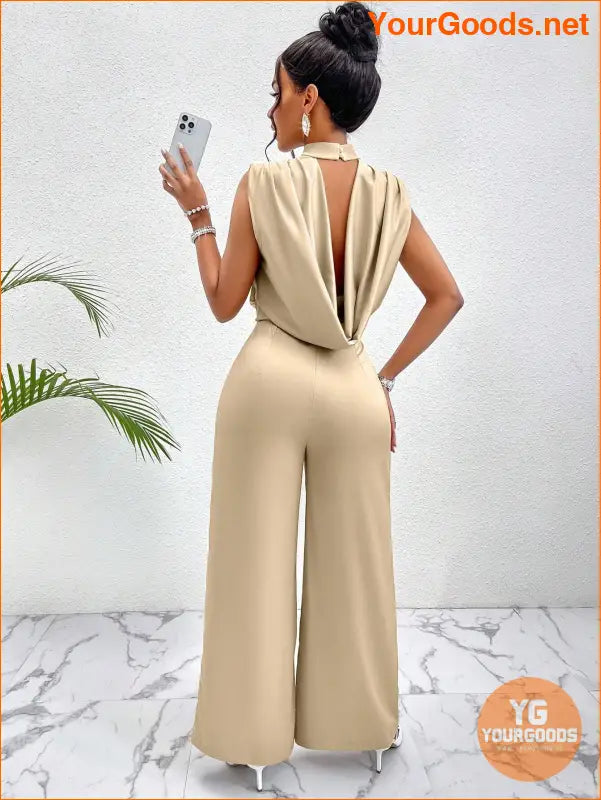 YOURGOODS Lady Women's Fashionable Summer Halter Neck Open Back Solid Color Wide Leg Jumpsuit - YourGoods Online Shop