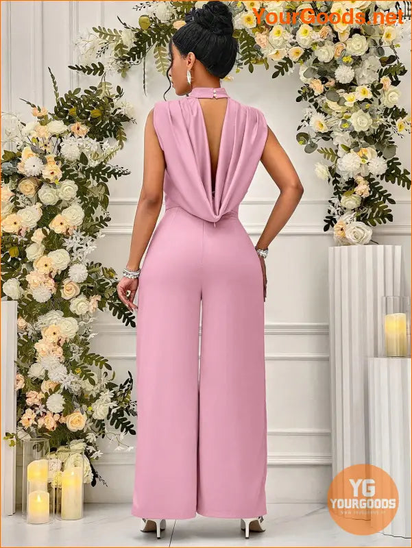 YOURGOODS Lady Women's Fashionable Summer Halter Neck Open Back Solid Color Wide Leg Jumpsuit - YourGoods Online Shop