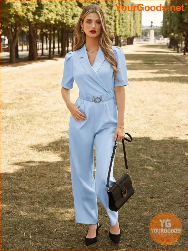 YOURGOODS Lapel Collar Puff Sleeve Belted Jumpsuit - YourGoods Online Shop