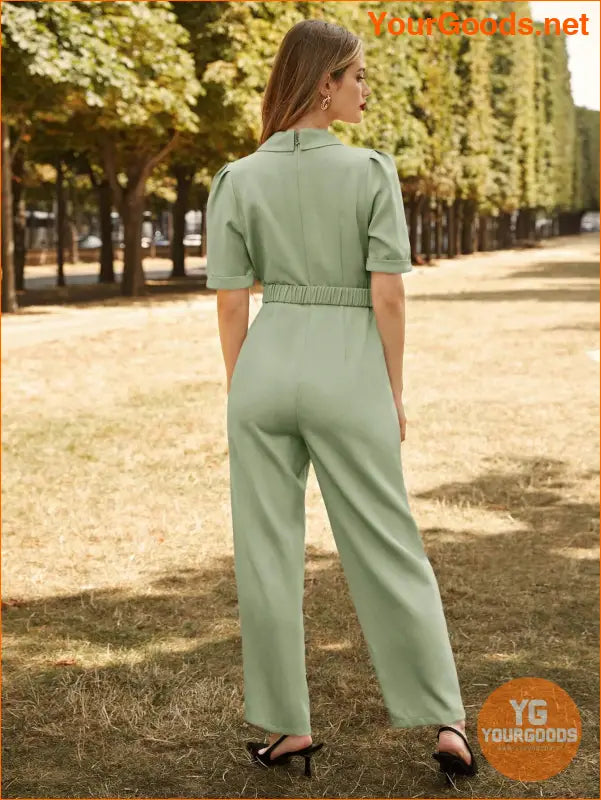 YOURGOODS Lapel Collar Puff Sleeve Belted Jumpsuit - YourGoods Online Shop