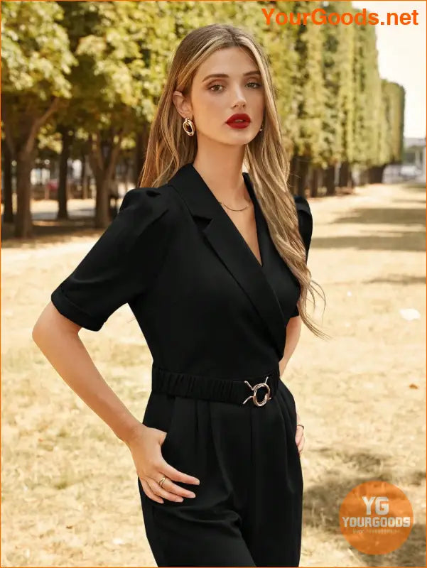 YOURGOODS Lapel Collar Puff Sleeve Belted Jumpsuit - YourGoods Online Shop