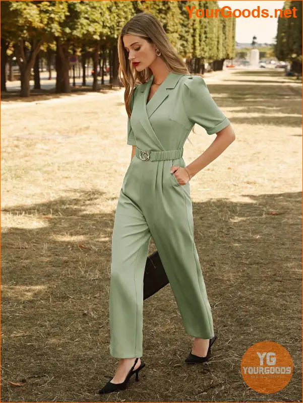 YOURGOODS Lapel Collar Puff Sleeve Belted Jumpsuit - YourGoods Online Shop