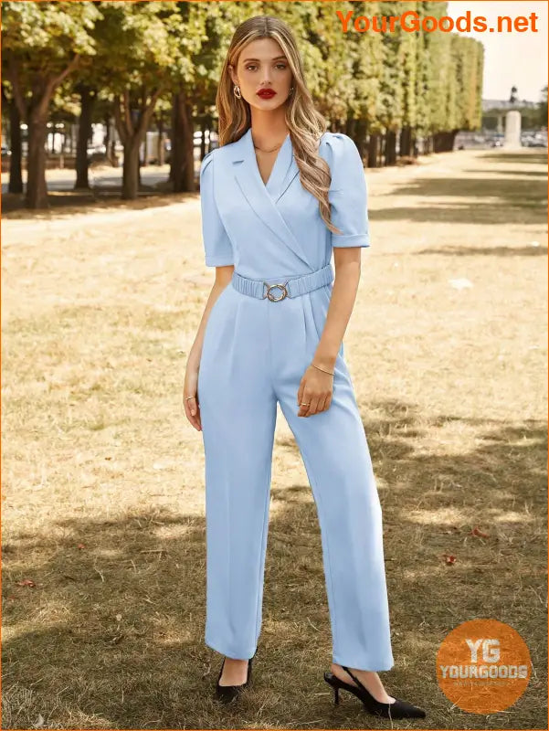 YOURGOODS Lapel Collar Puff Sleeve Belted Jumpsuit - YourGoods Online Shop