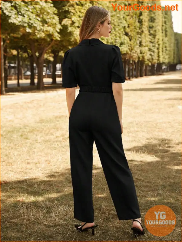 YOURGOODS Lapel Collar Puff Sleeve Belted Jumpsuit - YourGoods Online Shop