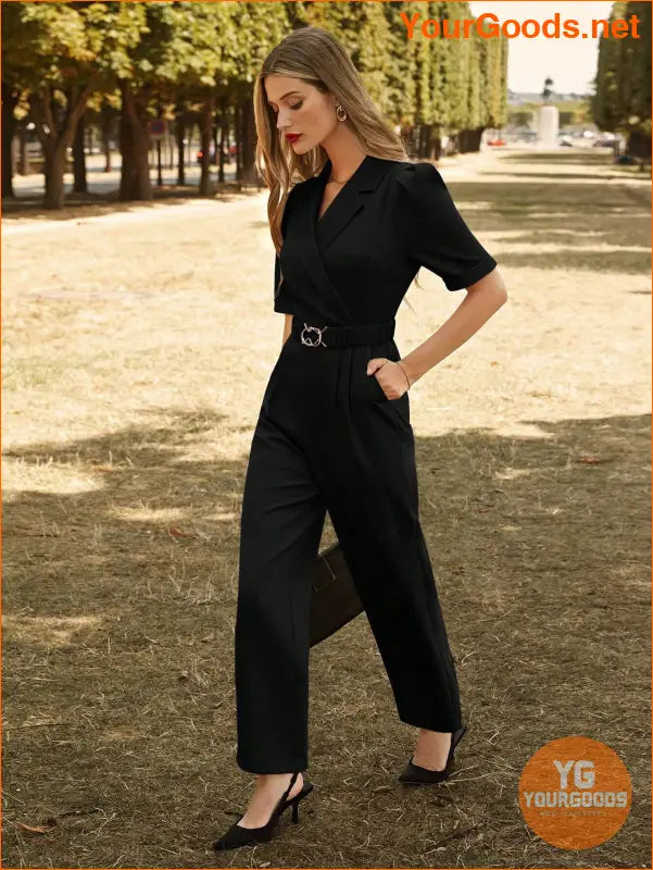 YOURGOODS Lapel Collar Puff Sleeve Belted Jumpsuit - YourGoods Online Shop