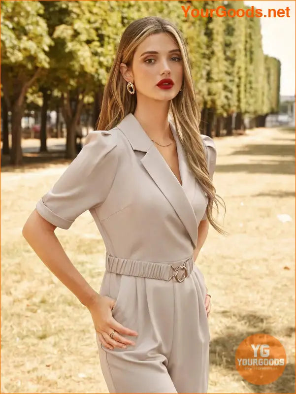 YOURGOODS Lapel Collar Puff Sleeve Belted Jumpsuit - YourGoods Online Shop