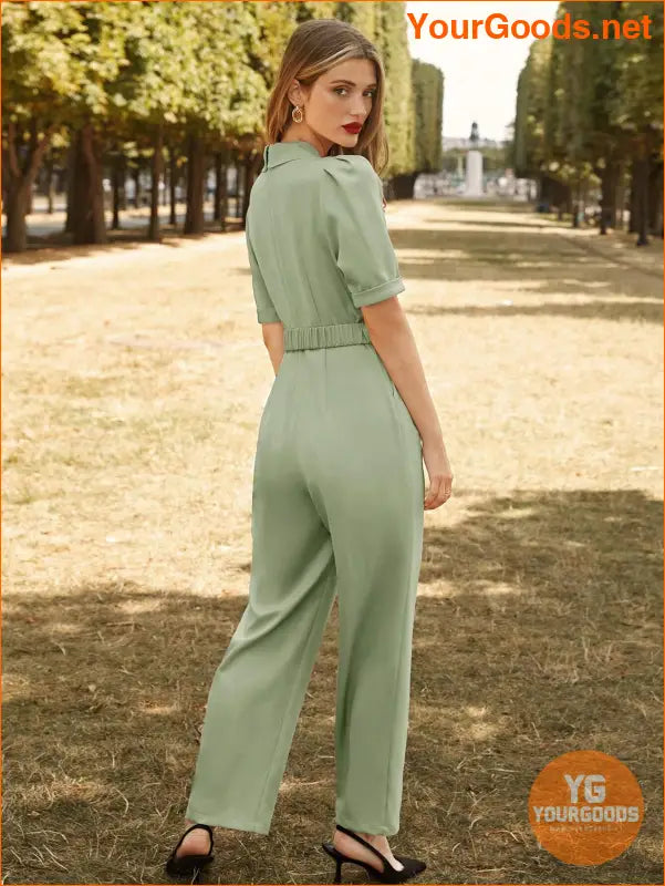 YOURGOODS Lapel Collar Puff Sleeve Belted Jumpsuit - YourGoods Online Shop