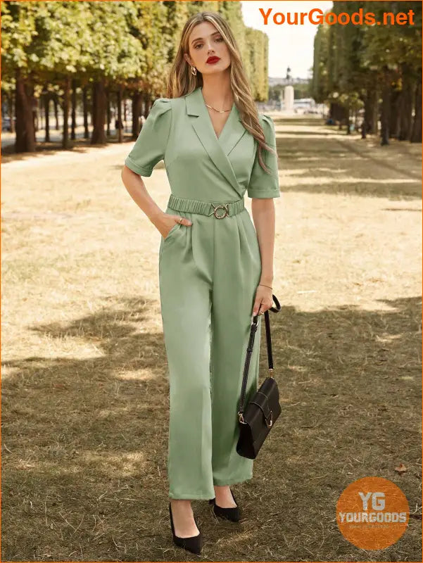 YOURGOODS Lapel Collar Puff Sleeve Belted Jumpsuit - YourGoods Online Shop