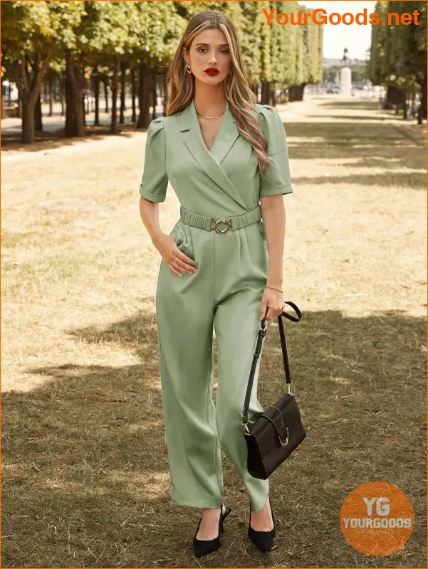 YOURGOODS Lapel Collar Puff Sleeve Belted Jumpsuit - YourGoods Online Shop