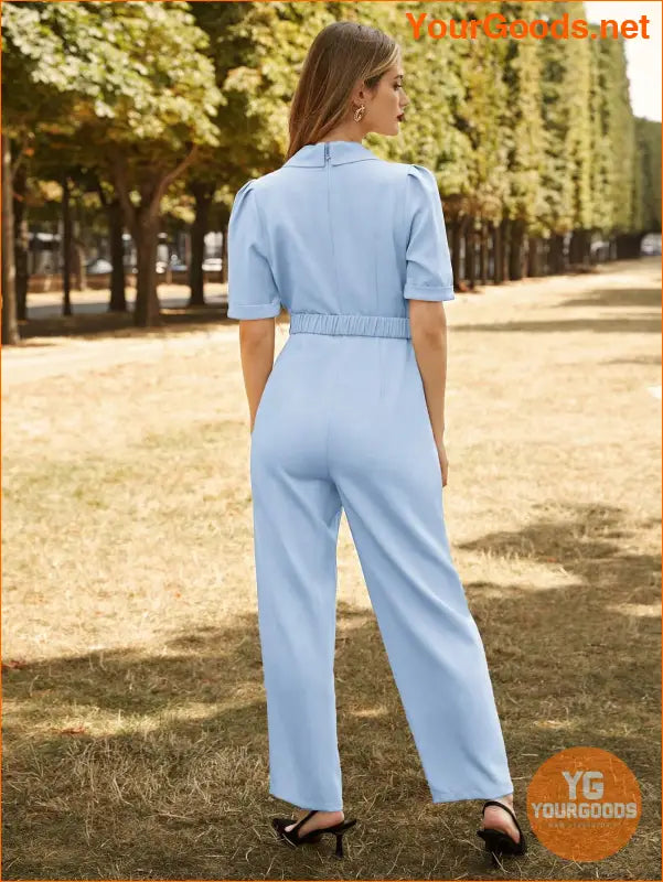 YOURGOODS Lapel Collar Puff Sleeve Belted Jumpsuit - YourGoods Online Shop