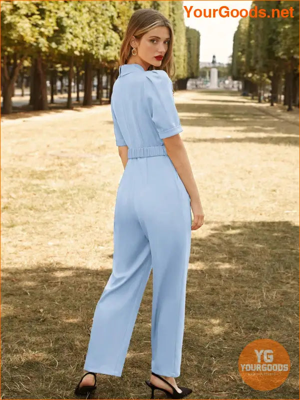 YOURGOODS Lapel Collar Puff Sleeve Belted Jumpsuit - YourGoods Online Shop