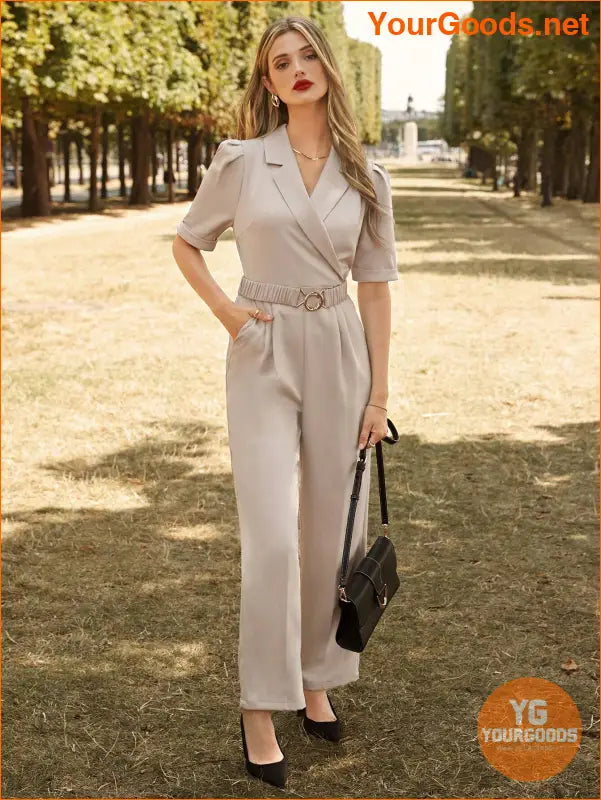 YOURGOODS Lapel Collar Puff Sleeve Belted Jumpsuit - YourGoods Online Shop