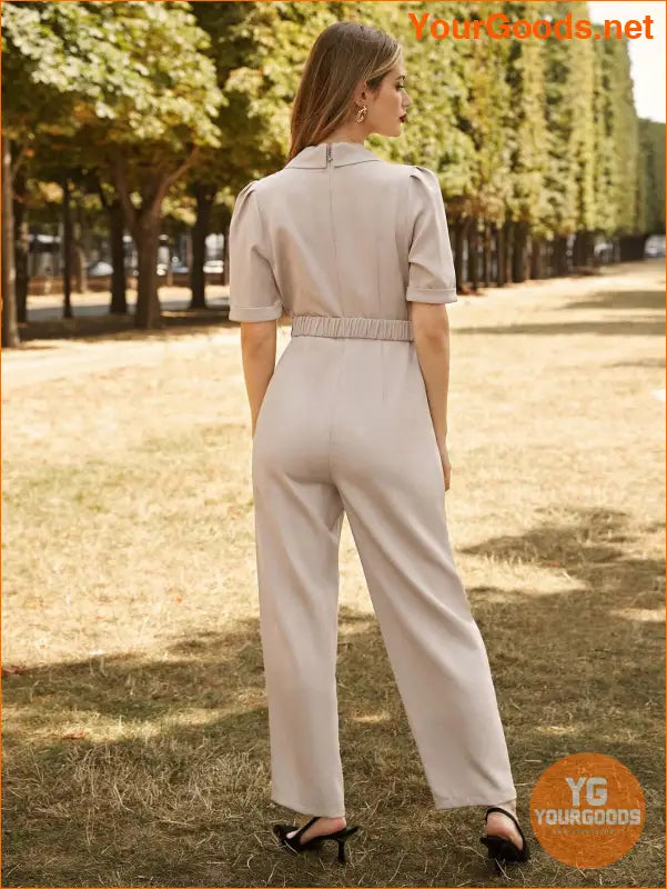 YOURGOODS Lapel Collar Puff Sleeve Belted Jumpsuit - YourGoods Online Shop