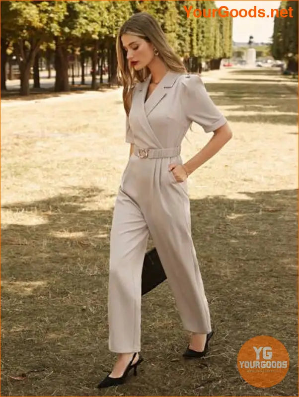 YOURGOODS Lapel Collar Puff Sleeve Belted Jumpsuit - YourGoods Online Shop