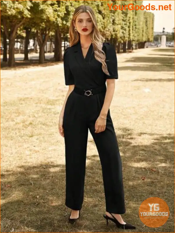 YOURGOODS Lapel Collar Puff Sleeve Belted Jumpsuit - YourGoods Online Shop