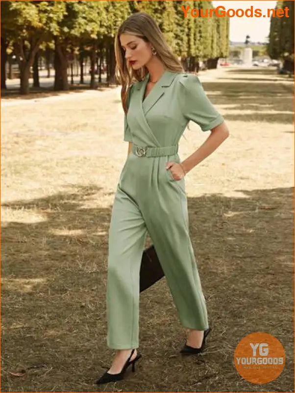 YOURGOODS Lapel Collar Puff Sleeve Belted Jumpsuit - YourGoods Online Shop