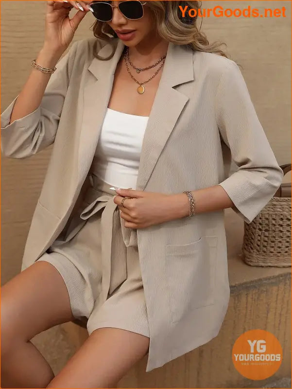 YOURGOODS Lapel Neck Open Front Blazer With Belted Shorts - YourGoods Online Shop