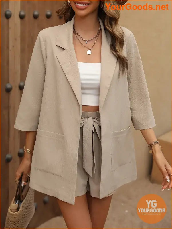 YOURGOODS Lapel Neck Open Front Blazer With Belted Shorts - YourGoods Online Shop