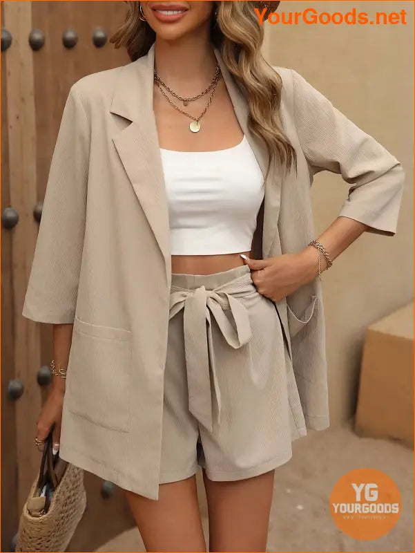 YOURGOODS Lapel Neck Open Front Blazer With Belted Shorts - YourGoods Online Shop