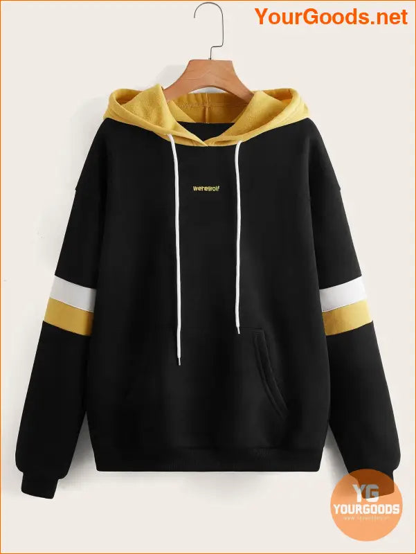 YOURGOODS Letter Embroidered Contrast Striped Hoodie - YourGoods Online Shop