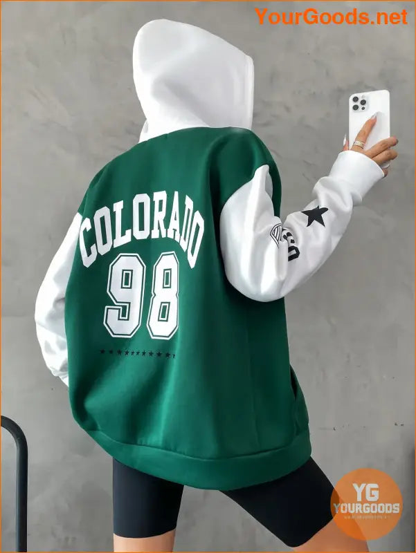 YOURGOODS Letter Graphic Colorblock Drop Shoulder Zip Up Drawstring Hoodie - YourGoods Online Shop