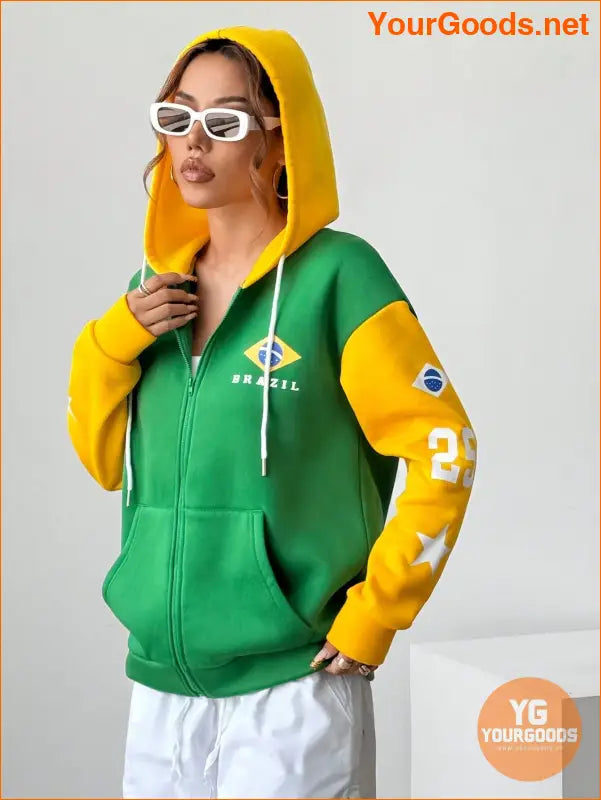 YOURGOODS Letter Graphic Colorblock Drop Shoulder Zip Up Drawstring Hoodie - YourGoods Online Shop