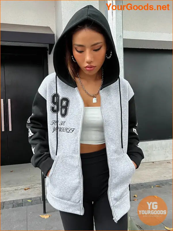 YOURGOODS Letter Graphic Colorblock Drop Shoulder Zip Up Drawstring Hoodie - YourGoods Online Shop