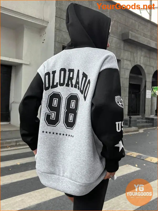 YOURGOODS Letter Graphic Colorblock Drop Shoulder Zip Up Drawstring Hoodie - YourGoods Online Shop