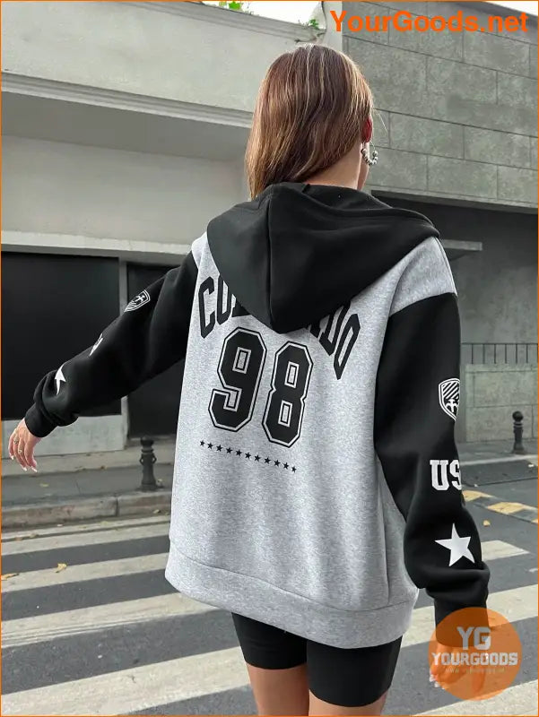 YOURGOODS Letter Graphic Colorblock Drop Shoulder Zip Up Drawstring Hoodie - YourGoods Online Shop