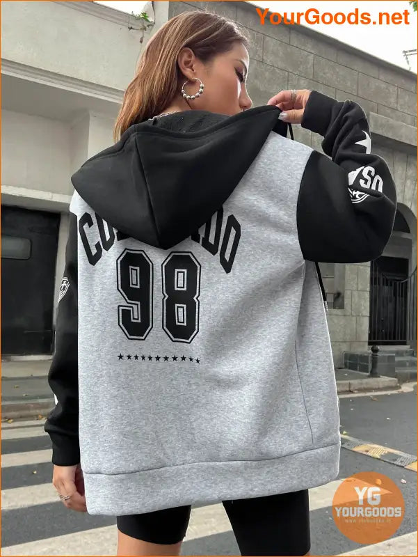 YOURGOODS Letter Graphic Colorblock Drop Shoulder Zip Up Drawstring Hoodie - YourGoods Online Shop