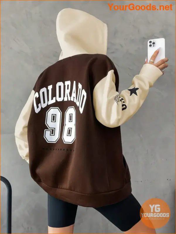 YOURGOODS Letter Graphic Colorblock Drop Shoulder Zip Up Drawstring Hoodie - YourGoods Online Shop