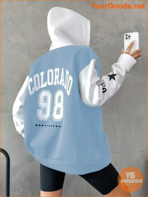 YOURGOODS Letter Graphic Colorblock Drop Shoulder Zip Up Drawstring Hoodie - YourGoods Online Shop