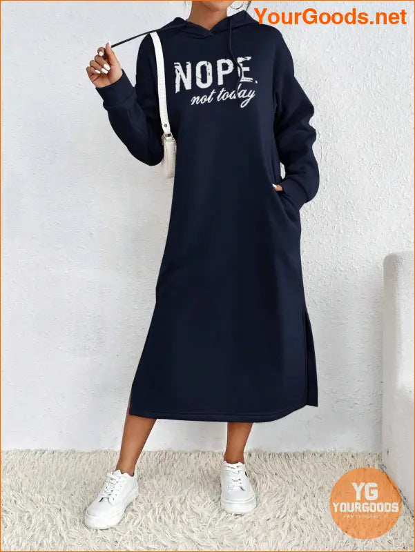 YOURGOODS Letter Graphic Split Hem Drawstring Hoodie Dress - YourGoods Online Shop