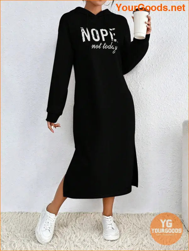 YOURGOODS Letter Graphic Split Hem Drawstring Hoodie Dress - YourGoods Online Shop