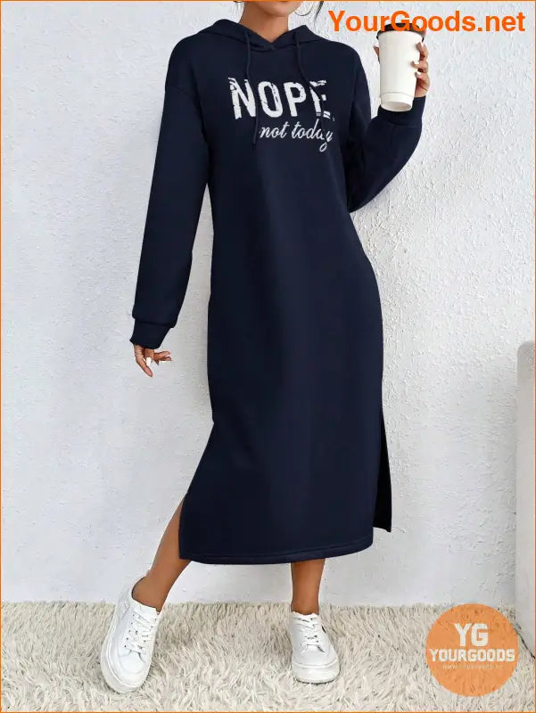 YOURGOODS Letter Graphic Split Hem Drawstring Hoodie Dress - YourGoods Online Shop