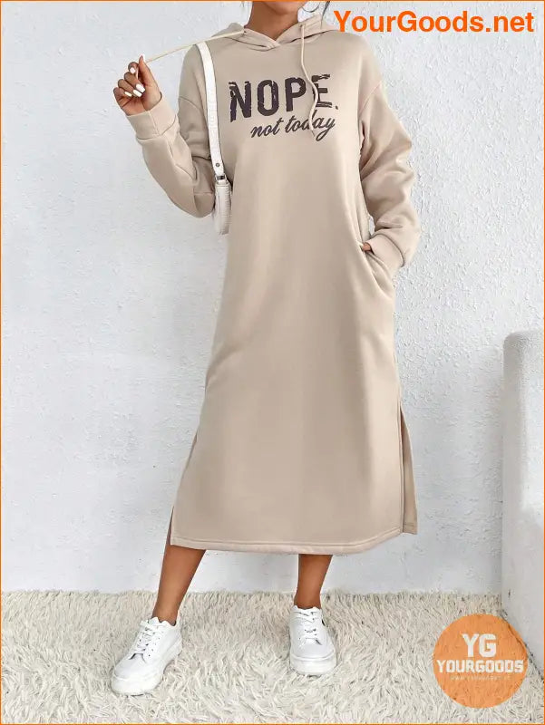 YOURGOODS Letter Graphic Split Hem Drawstring Hoodie Dress - YourGoods Online Shop